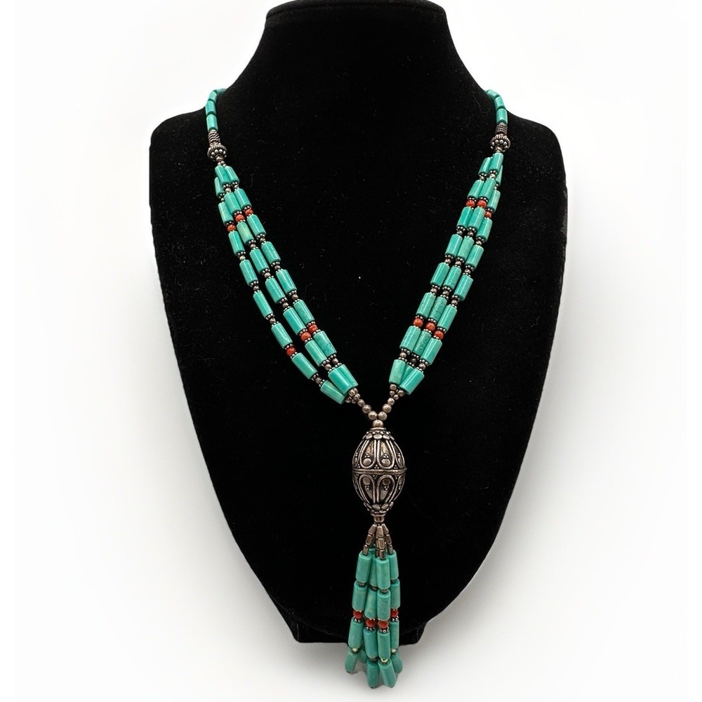 Tibetan Style Necklace Sterling Silver Blue & Coral Color Stones Tassel Pendant